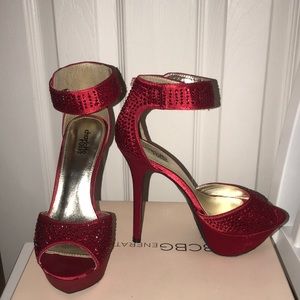 Studded Red Open-Toed Platform Heels